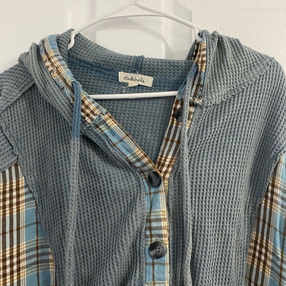 Oli & Hali blue rustic boho waffle knit oversized Henley hooded top M/L - Picture 4 of 11